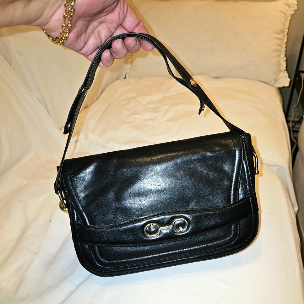 Vintage 1960's Sacha Black Leather Handbag with Gold Tone Accents